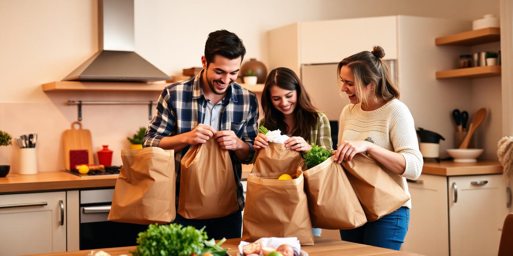 Família organizando compras na cozinha